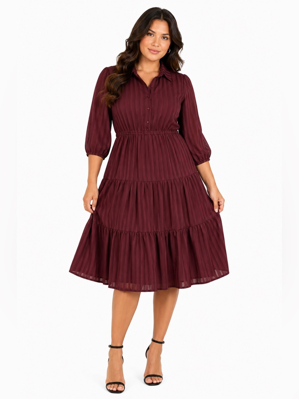 90s/Y2K Vintage Nanette Lepore Jacquard Stripe Tiered Midi Dress (Burgundy) 14
